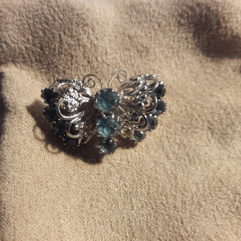 Silver Butterfly Pin with Blue Stones